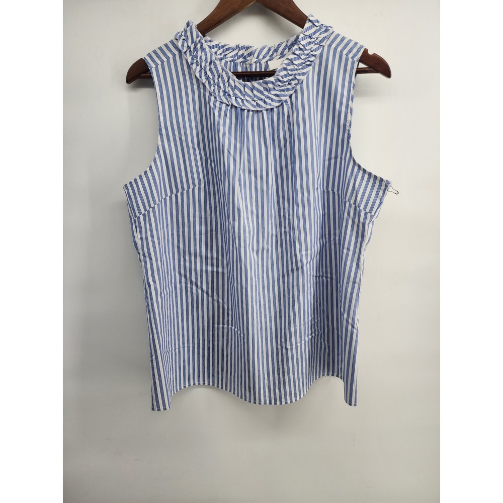 1901 Blue White Striped Ruffle Neck Sleeveless Blouse Top L